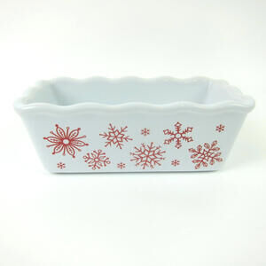 Nantucket Mini Loaf Pan Christmas Holiday Red Snowflakes Ceramic Stoneware 6x3